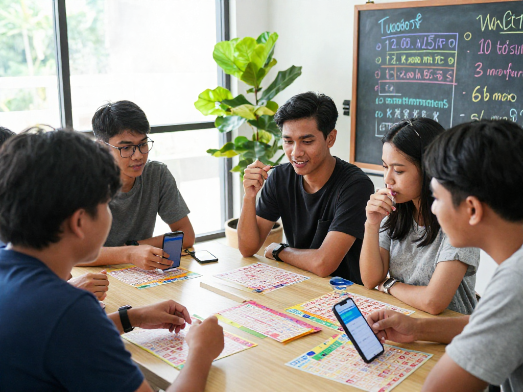 Teman-teman berdiskusi strategi untuk toto 4d dengan tiket lotere berwarna-warni dan aplikasi hasil langsung di ponsel.