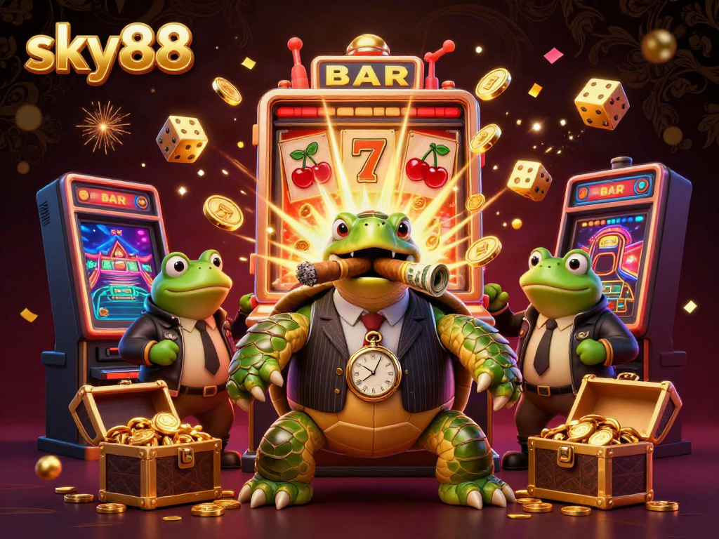 Experience the excitement of sky88 with turtles and frogs amidst a slot machine explosion of coins