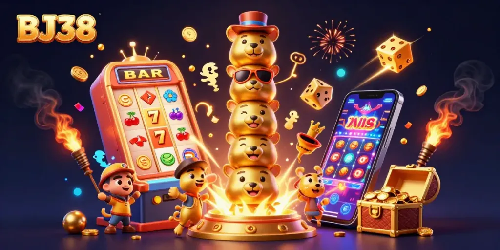 Experience thrilling wins with BJ38 in a vibrant online casino setting filled with dazzling slot machines and festive animations.
