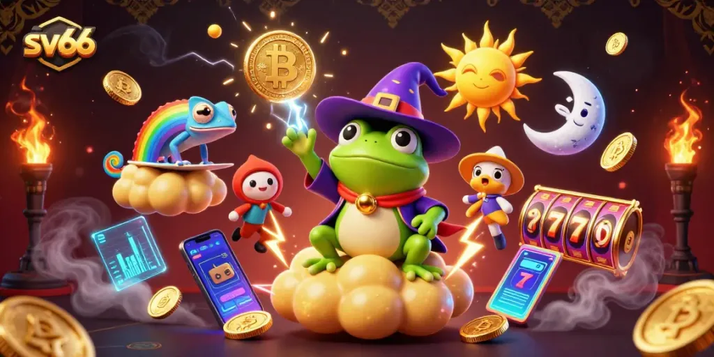 Experience sv66's vibrant gaming atmosphere with a storm of golden coins and slot elements in a dynamic scene.