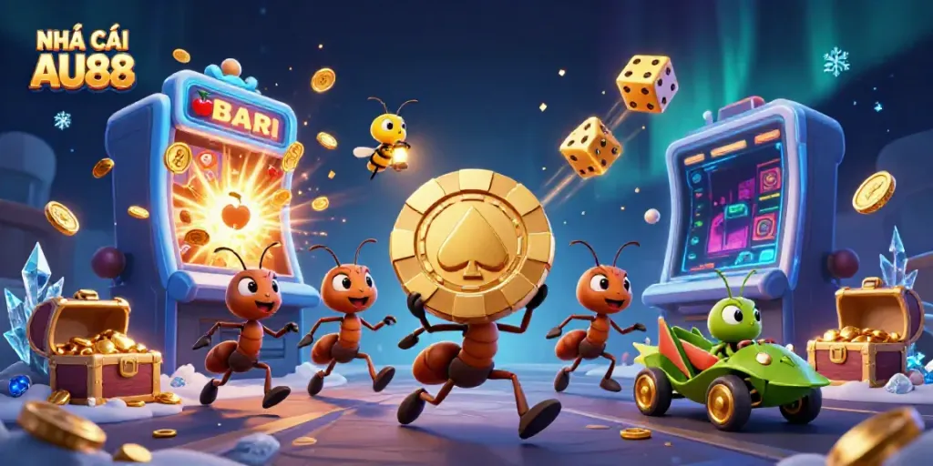 Experience excitement at NHÀ CÁI AU88 with animated team of ants stealing a giant poker chip in a vibrant casino setting.