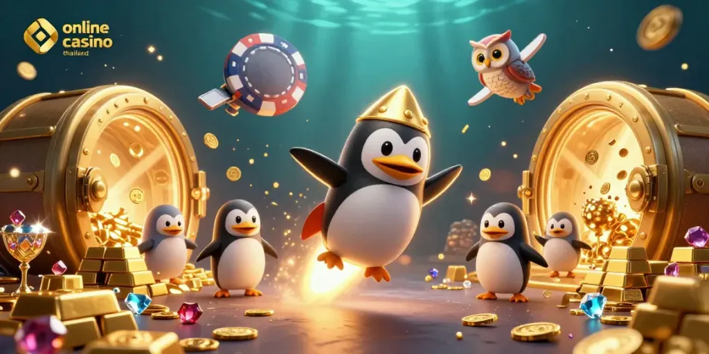 Experience the thrill of online casino thailand with a vibrant scene of a golden penguin amidst treasures.