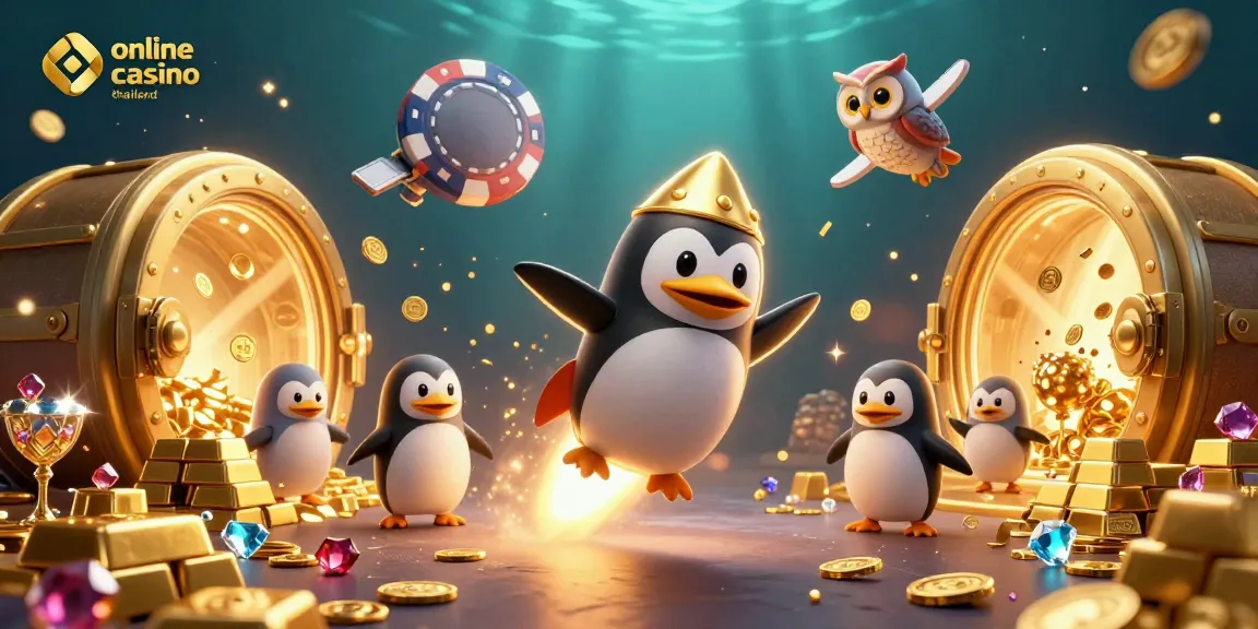 Experience the thrill of online casino thailand with a vibrant scene of a golden penguin amidst treasures.