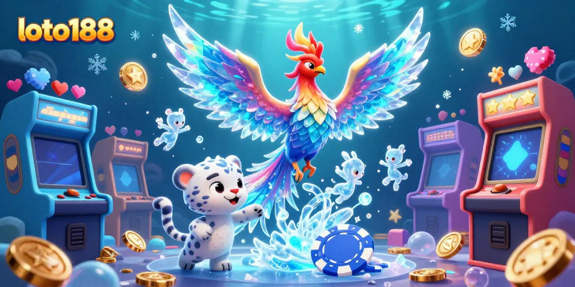 Experience the thrilling world of loto188 with a vibrant 3D illustration featuring an ice phoenix and playful casino elements.