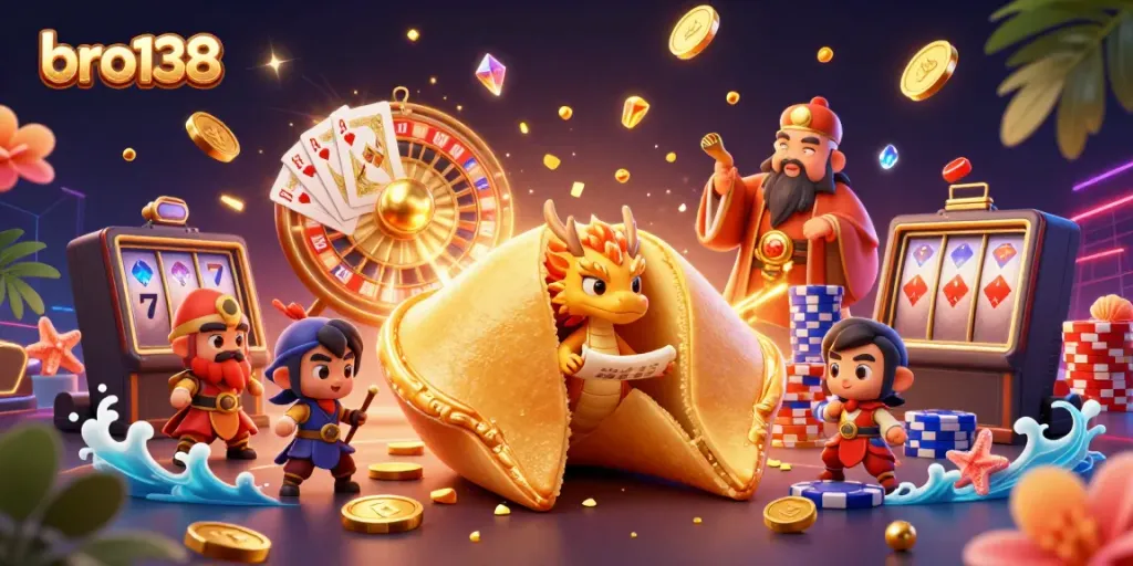 Experience bro138's gaming excitement with vibrant visuals of golden fortune cookie, coins, and more.