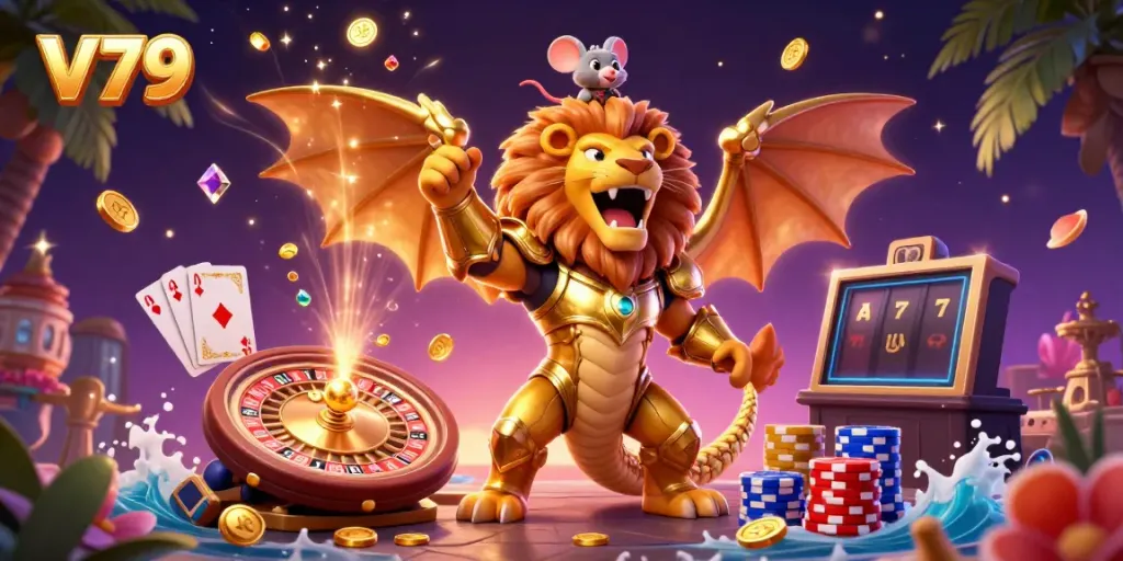 V79 showcases a golden armored chimera roaring triumphantly with a mouse jockey, cascading coins, roulette, and poker chips.