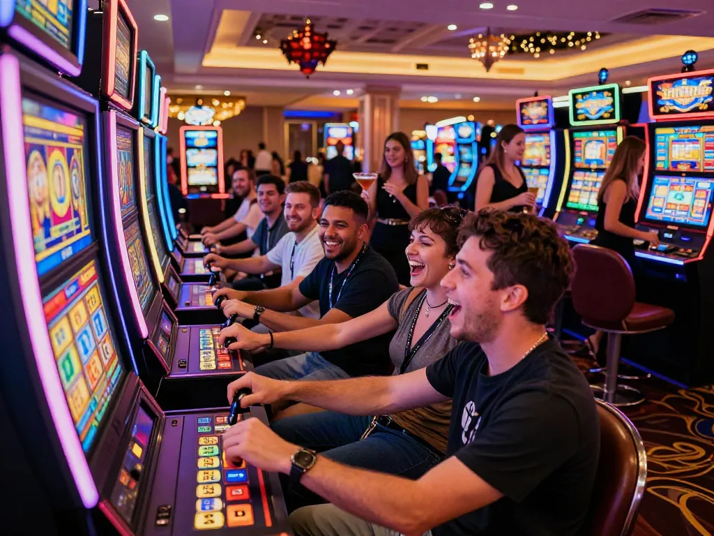 Excited players at a dynamic casino floor engaging with Lucky777 themed slot machine