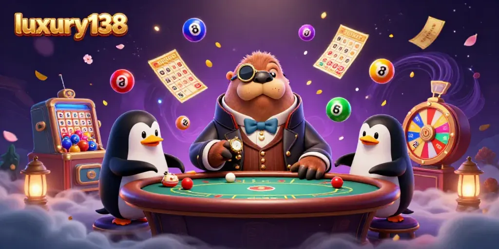 Engage in vibrant casino gameplay with luxury138's underwater poker scene featuring a walrus, penguin dealer, and bluffing pufferfish.