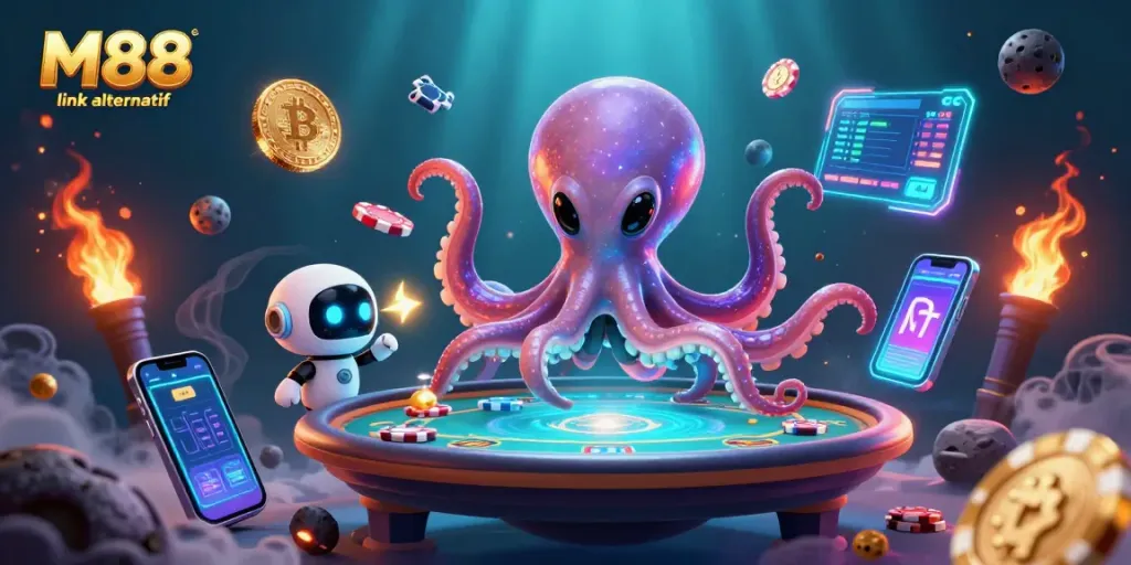 Engage with the vibrant M88 link alternatif scene featuring an alien octopus at a holographic poker table amidst crypto elements.