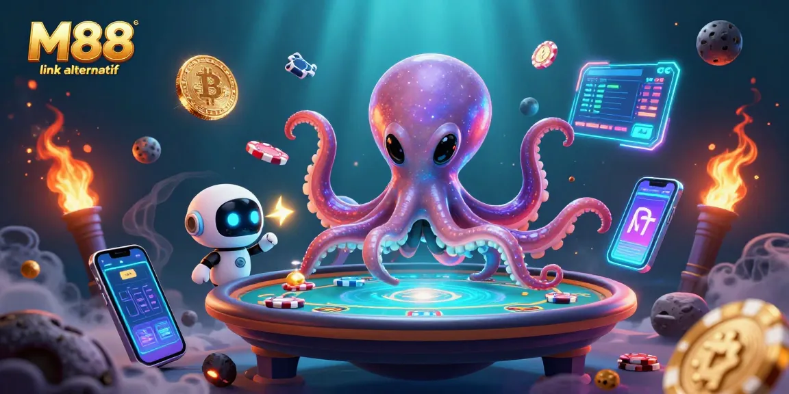 Engage with the vibrant M88 link alternatif scene featuring an alien octopus at a holographic poker table amidst crypto elements.