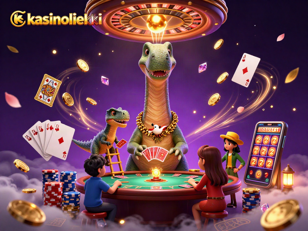 Kasinoliekki tarjoaa näyttävän 3D-kasinokohtauksen, jossa iso brontosaurus tarkkailee pokeripöytää alhaalta.