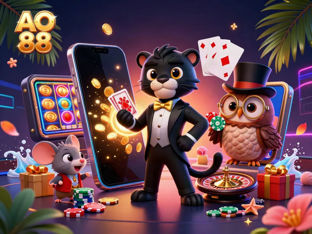 Experience thrilling gaming with a colorful AO 88 slot scene featuring a blackjack-dealing panther and poker-enthusiast owl.