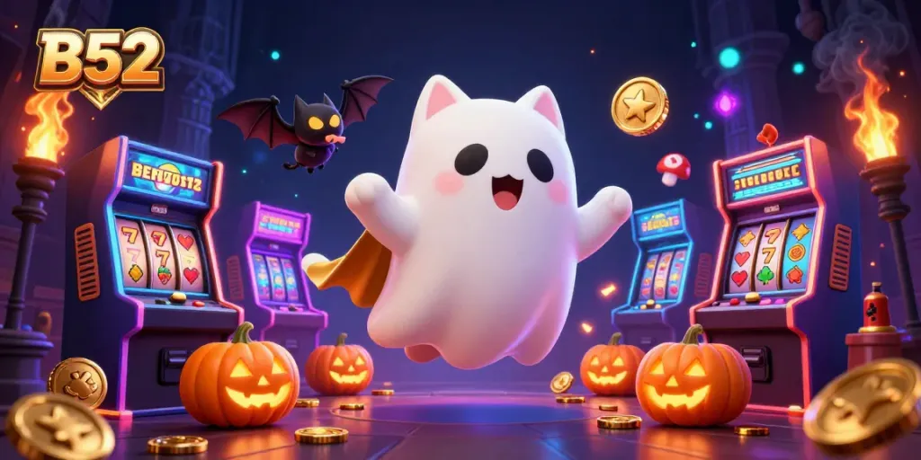 B52 themed illustration showcasing a ghost cat and bat in a haunted casino, surrounded by colorful slot machines.
