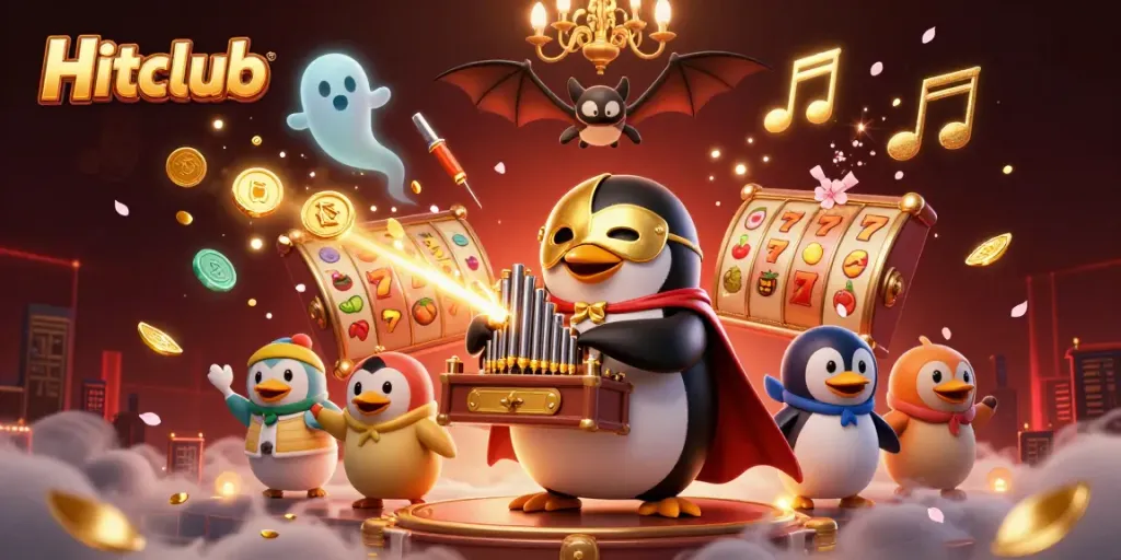 Hitclub attracts players with a vibrant casino scene featuring a whimsical penguin and dynamic game elements.