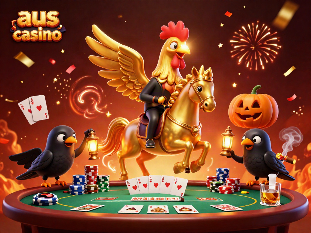 Experience the thrill of aus online casino with a captivating golden rooster and festive casino elements.