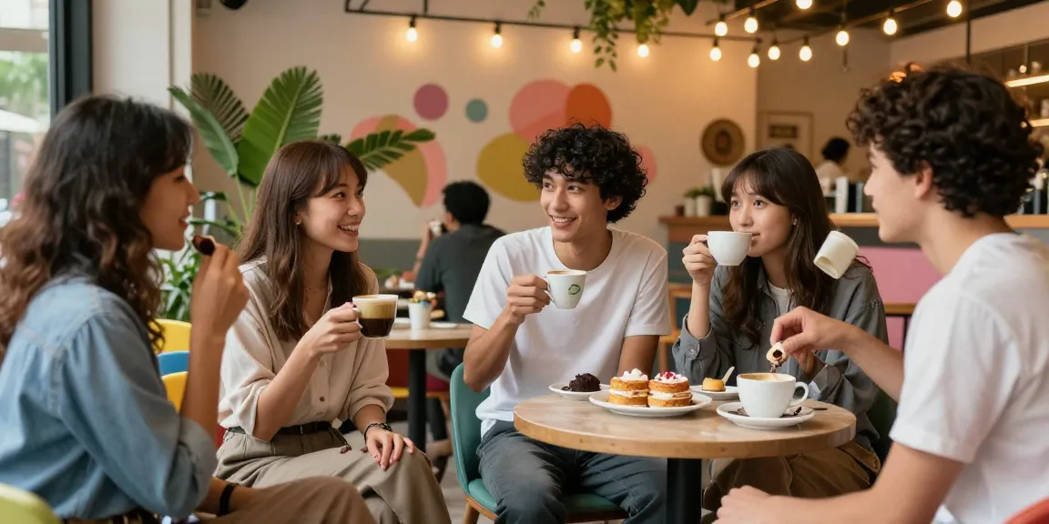 Friends enjoying coffee and pastries at a café, celebrating moments with rokok88 in a cozy atmosphere.