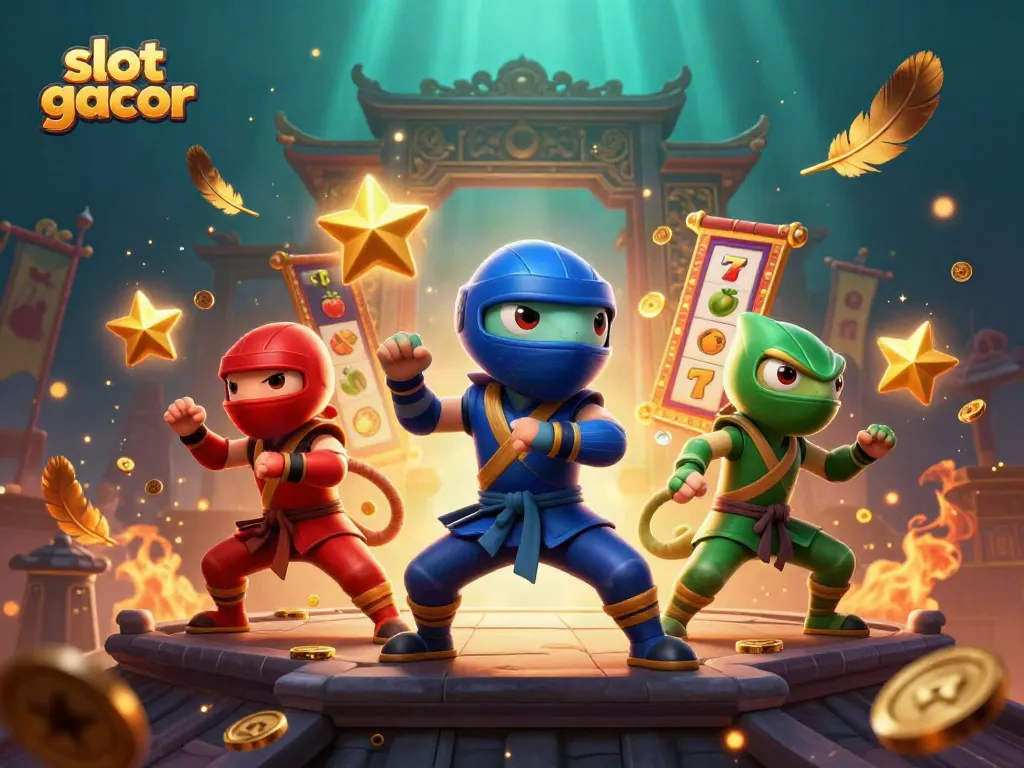 Engaging 3D scene featuring a ninja chameleon team amidst slot gacor elements, showcasing dynamic poses and casino symbols.