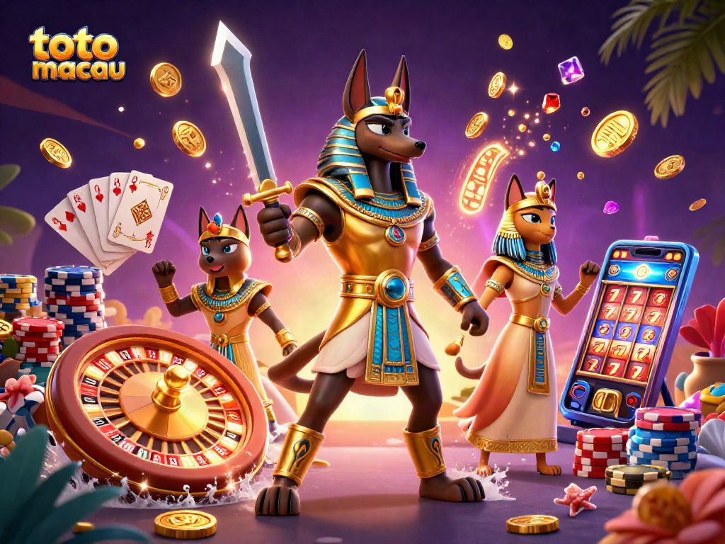 Win at toto macau with ancient Egyptian warriors and vibrant casino elements in 3D illustration.