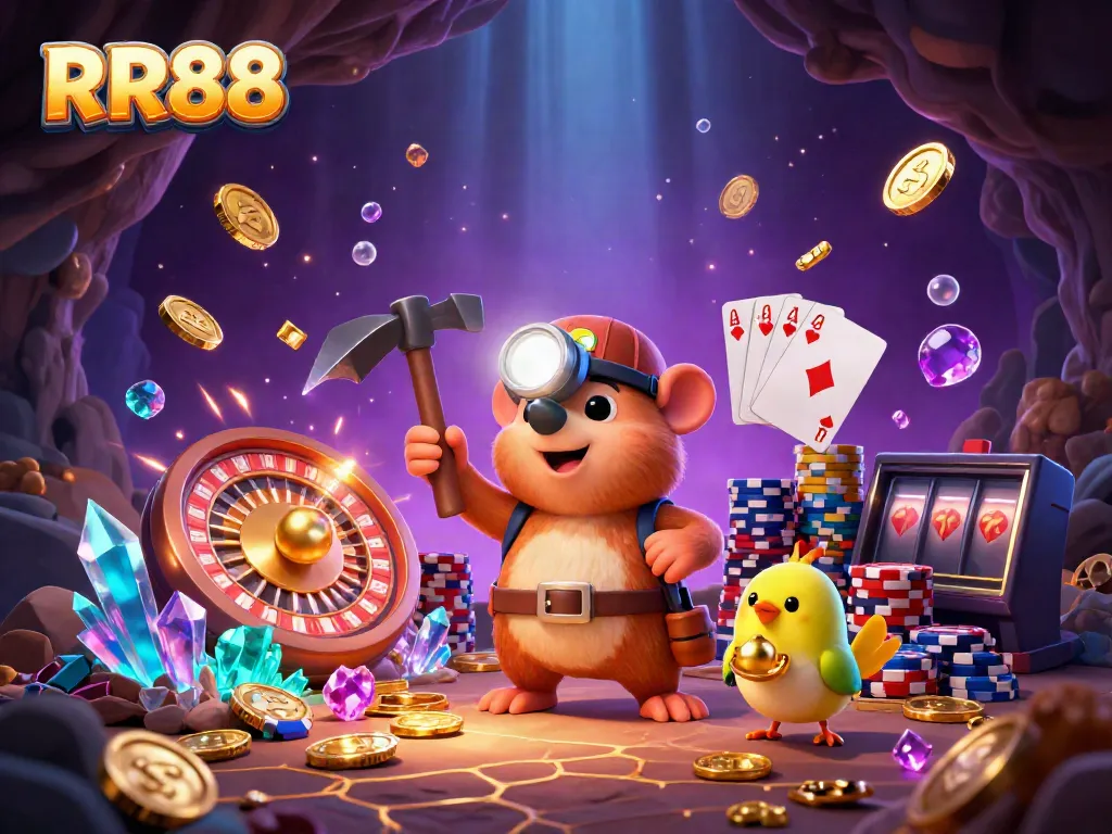 RR88's treasure hunter mole uncovers gems and coins while spinning roulette wheels and slot machines.