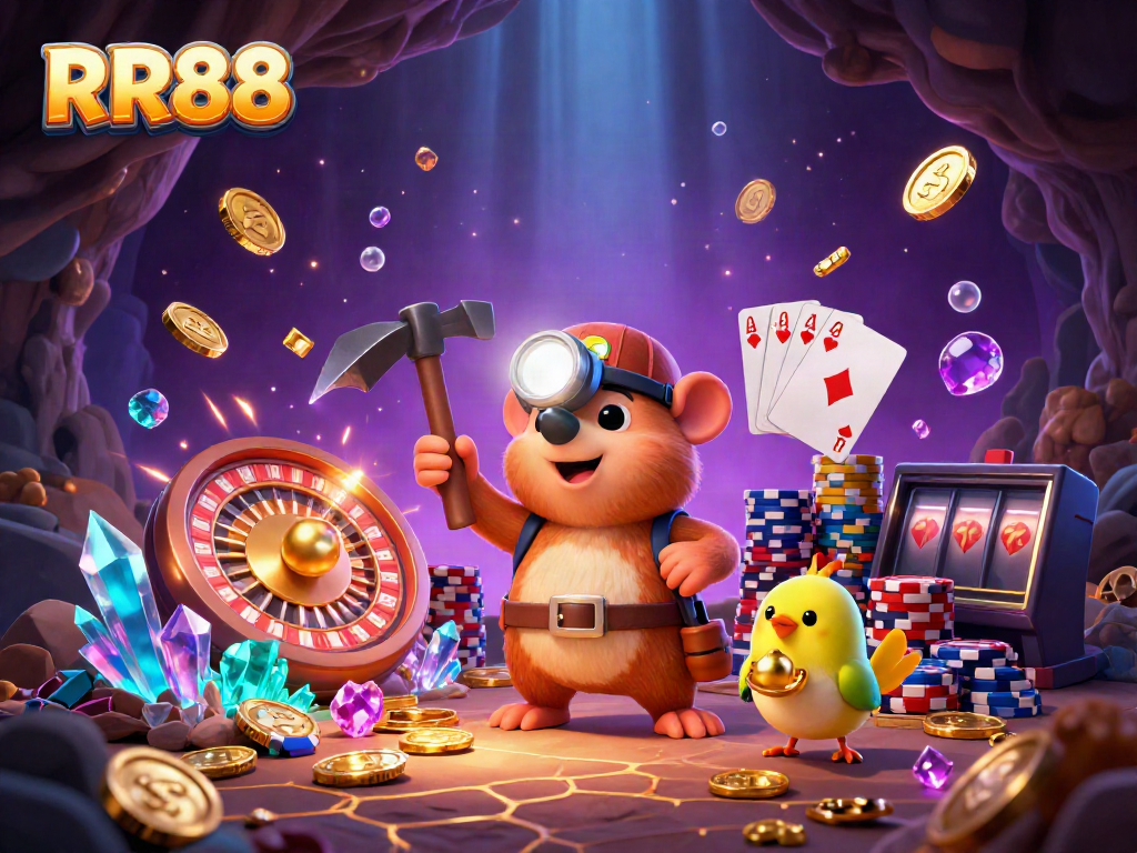 RR88's treasure hunter mole uncovers gems and coins while spinning roulette wheels and slot machines.