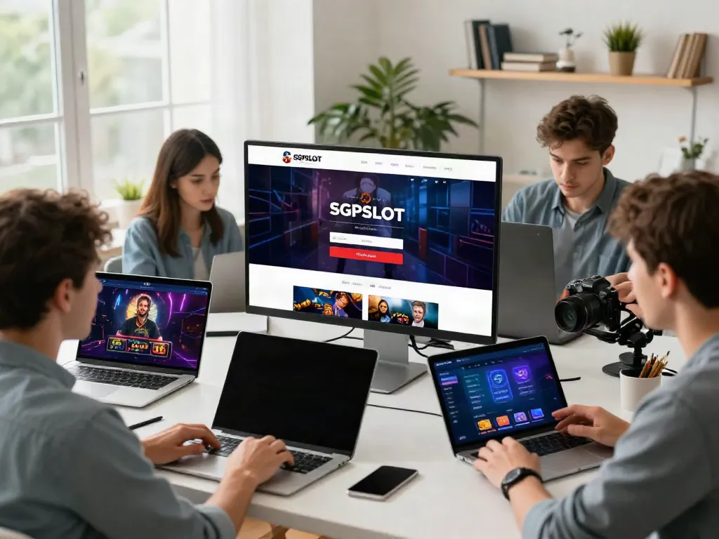 Users engaging with SGPSLOT link login on multiple devices in a modern home office.
