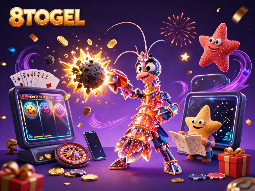8TOGEL showcases an exciting 3D galaxy scene with vibrant slot elements and numerous gambling features.