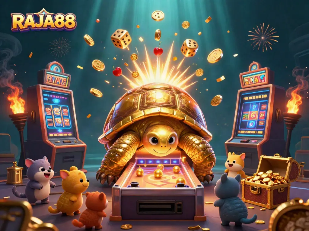 Gambar penuh warna RAJA88 menggambarkan slot emas, kura-kura kartun, dan jackpot menarik perhatian.