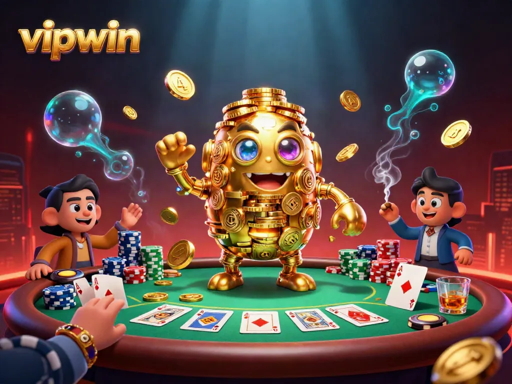 Engage in thrilling gameplay with vipwin's animated golden golem surrounded by poker action.