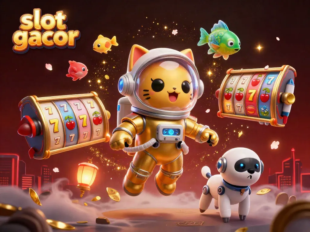 Engage with slot gacor action in this vibrant 3D illustration of a golden astronaut cat and robot dog.