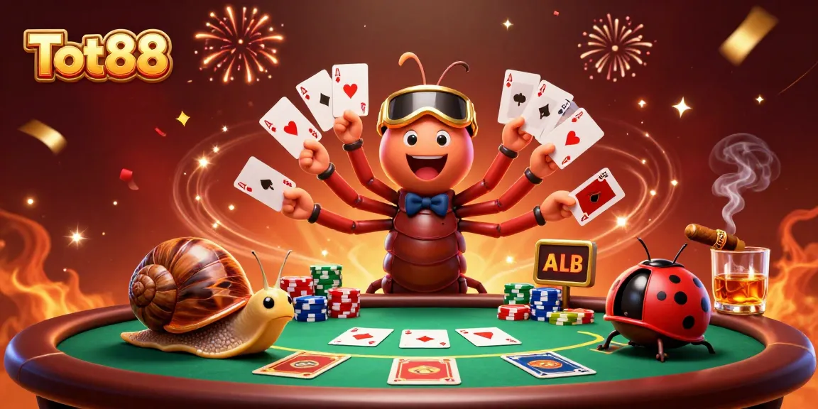 Engage with Tot88 at a vibrant casino scene featuring a millipede dealer and a snail high-roller.