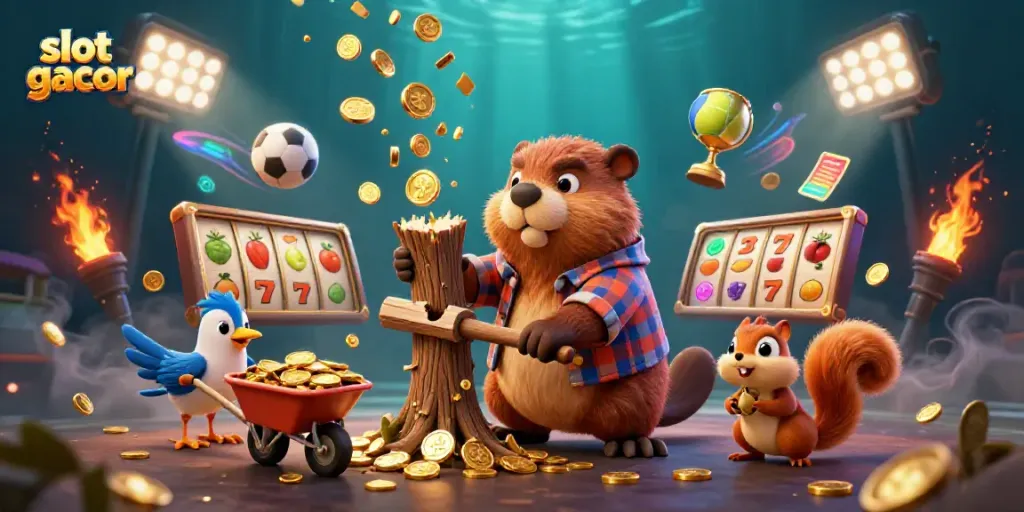 Win big with slot gacor as the beaver chops coins raining down in this exciting casino scene.
