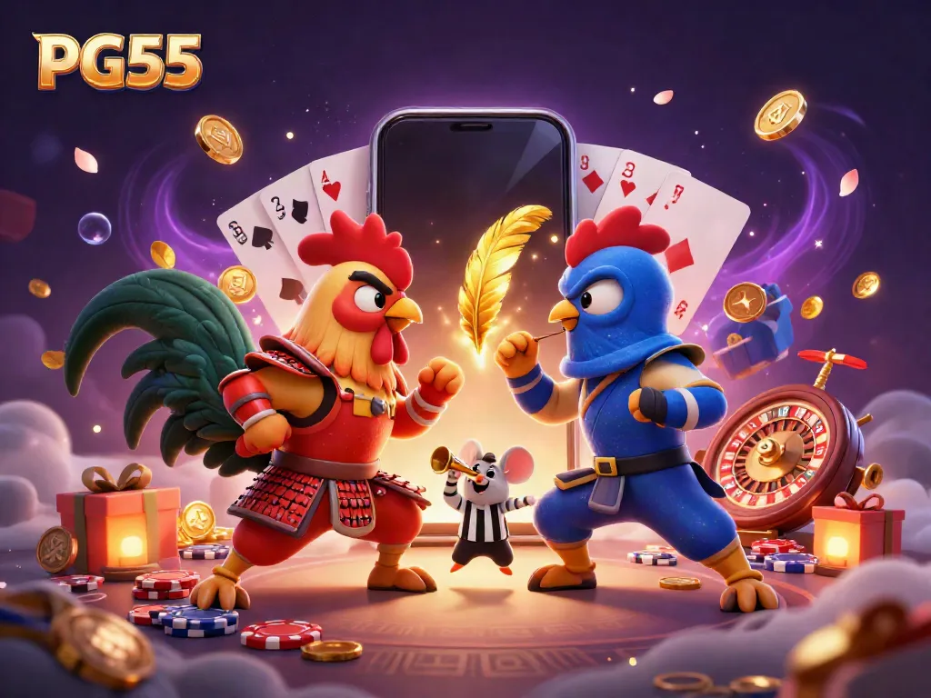 Engage in thrilling PG55 casino action with dynamic roosters and vibrant game elements.