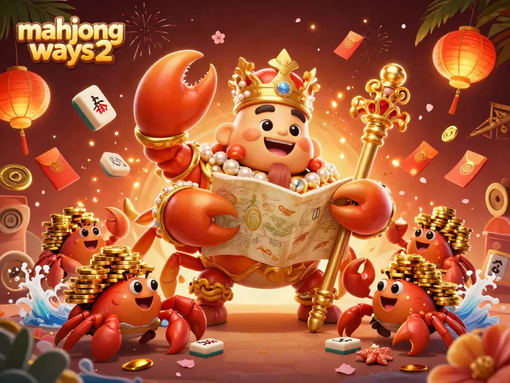 Experience the excitement of mahjong ways 2 with a majestic crab emperor, casino elements, and festive decorations.