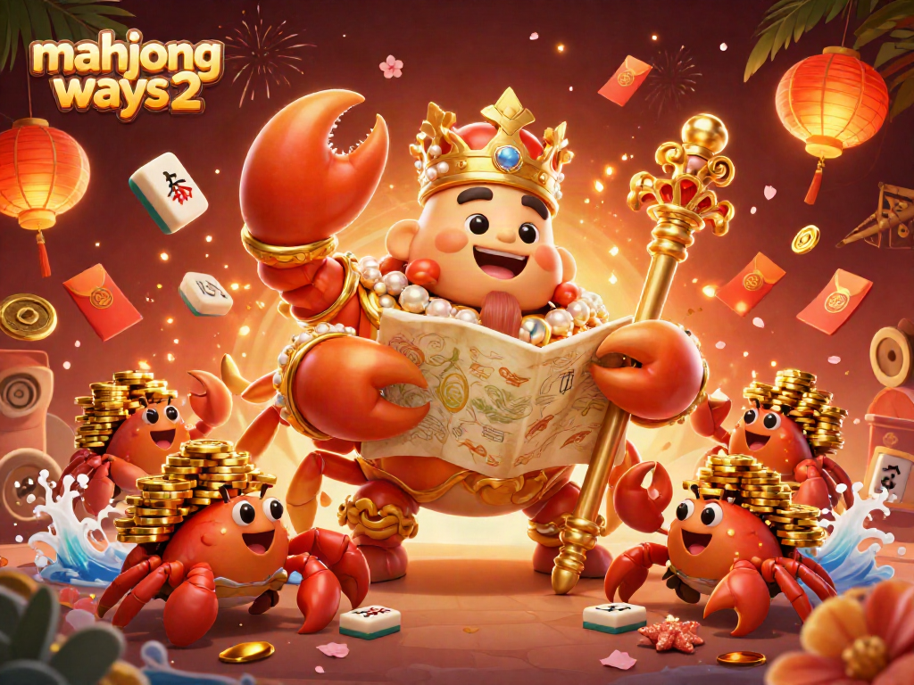 Experience the excitement of mahjong ways 2 with a majestic crab emperor, casino elements, and festive decorations.