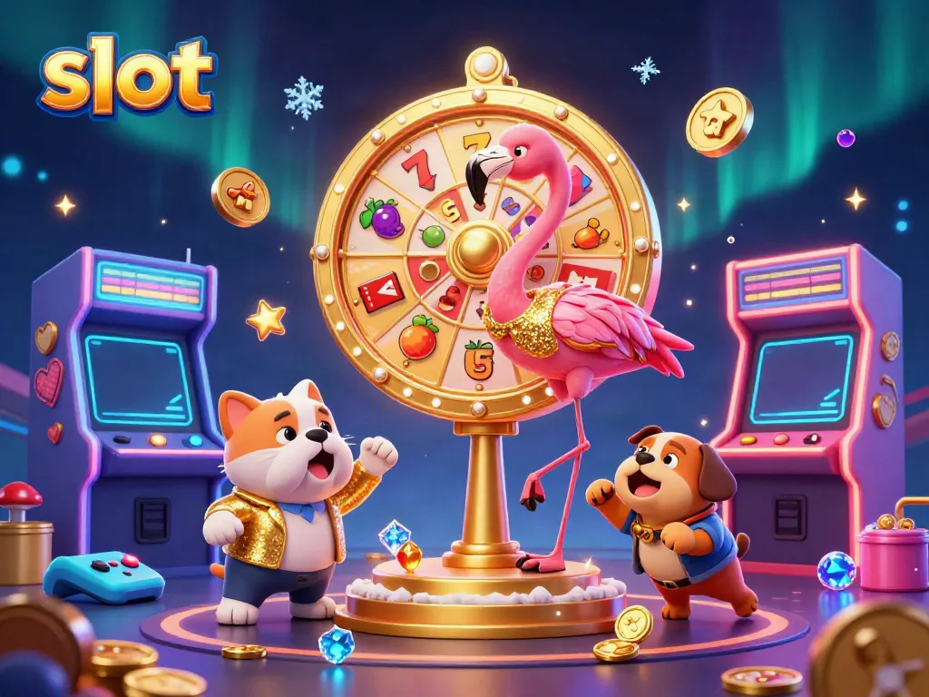 Engaging scene depicting a flamingo in gold jacket spinning a slot prize wheel with a jumping bulldog, highlighting excitement in casino gaming.