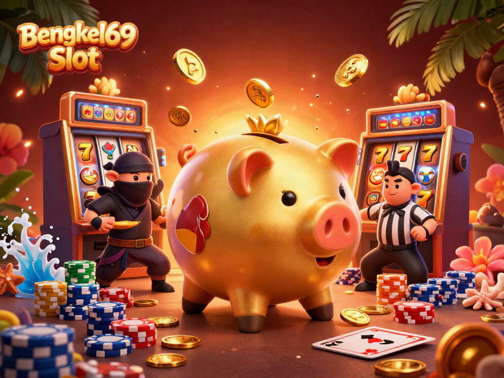 Engage with Bengkel69 Slot as the golden piggy bank sumo wrestler celebrates wins amidst dynamic slot machine visuals.