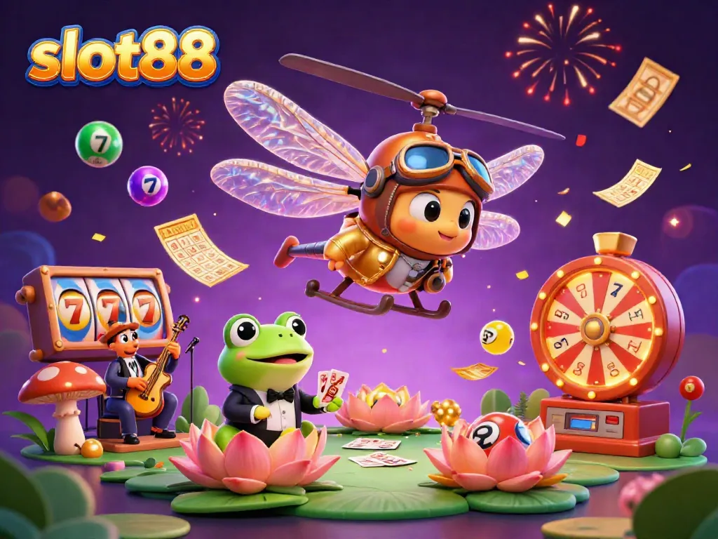 Permainan slot88 meriah di kasino dengan karakter menarik, kartu, dan bola lotere warna-warni.