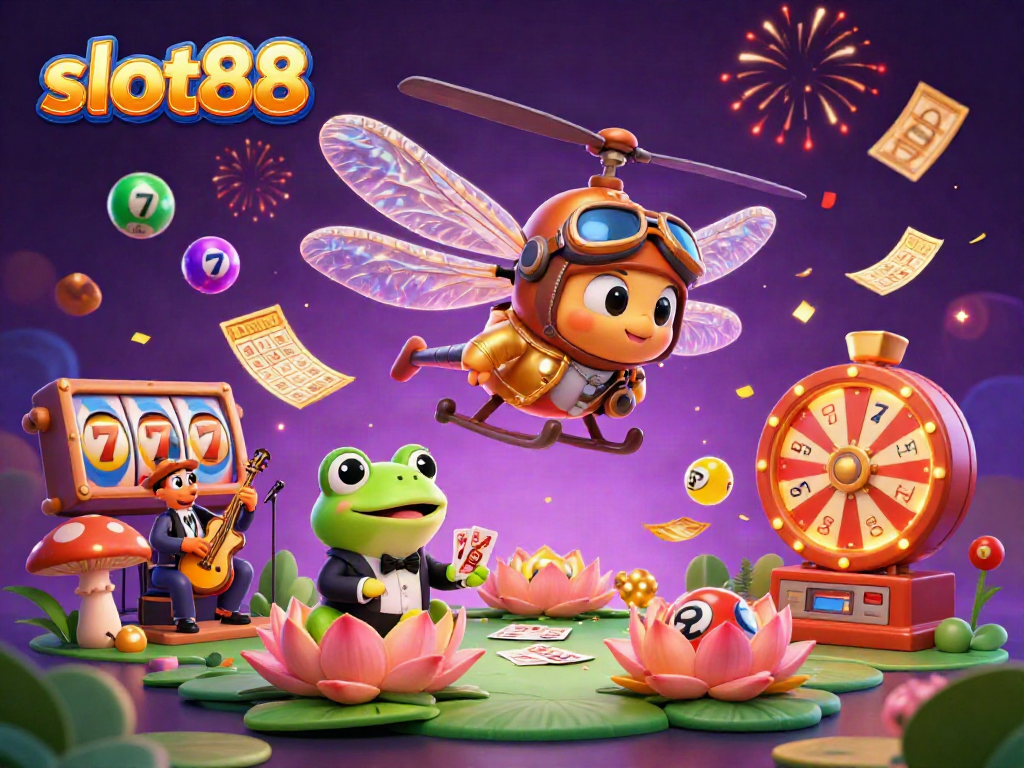 Permainan slot88 meriah di kasino dengan karakter menarik, kartu, dan bola lotere warna-warni.