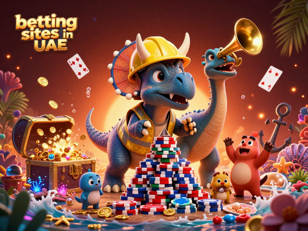 Cheerful triceratops and friends celebrate the best betting sites in UAE with poker chips and treasures.