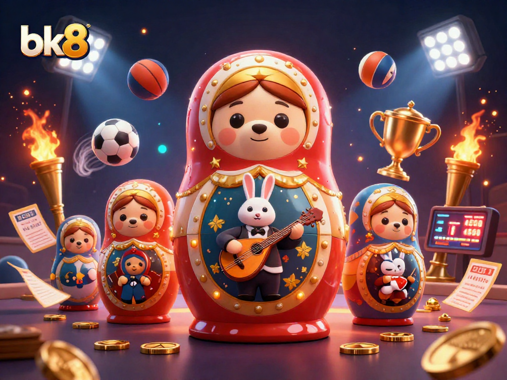 Bet on bk8 with vibrant 3D Russian Matryoshka bear and sports elements celebrating winning