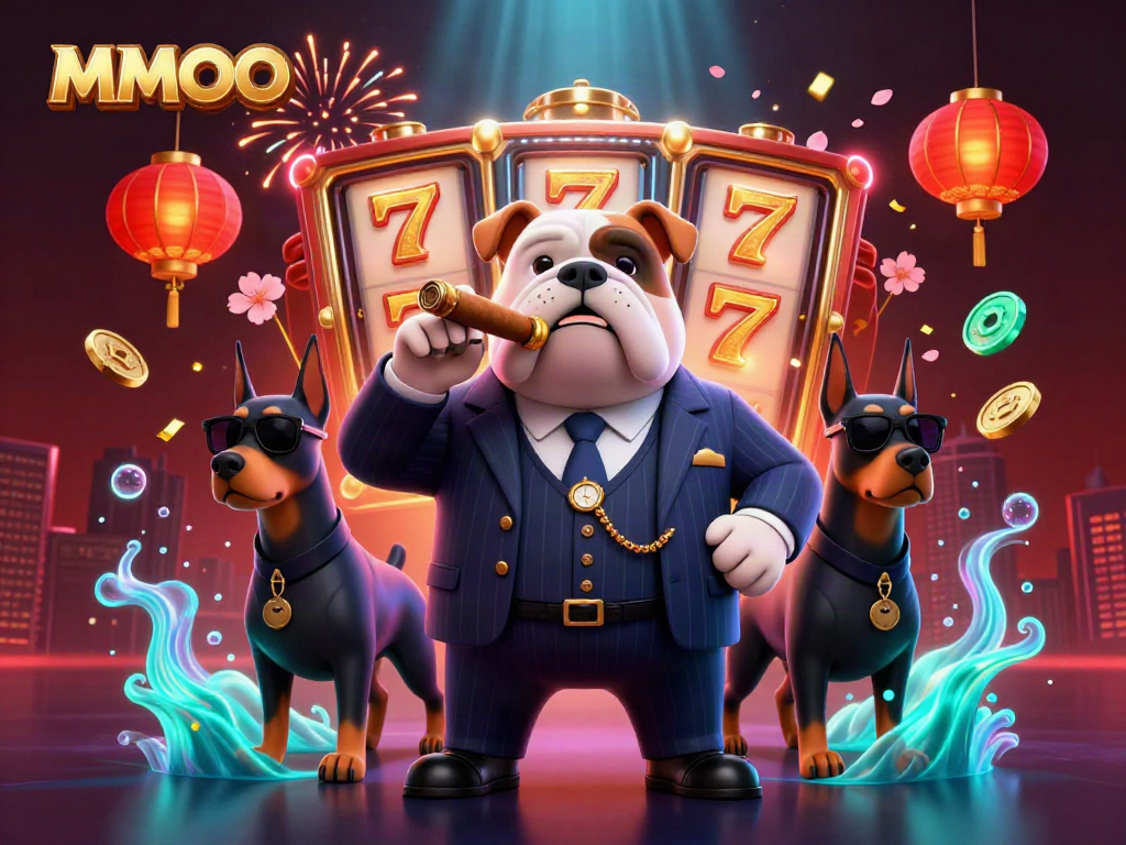Experience thrilling wins with MMOO in this colorful casino scene featuring a mafia bulldog.