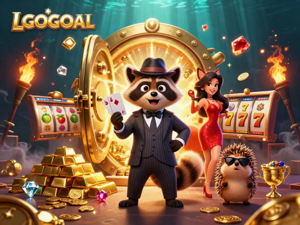 Experience thrilling gaming at LGOGOAL featuring exciting slots, a suave raccoon, and glittering treasures.