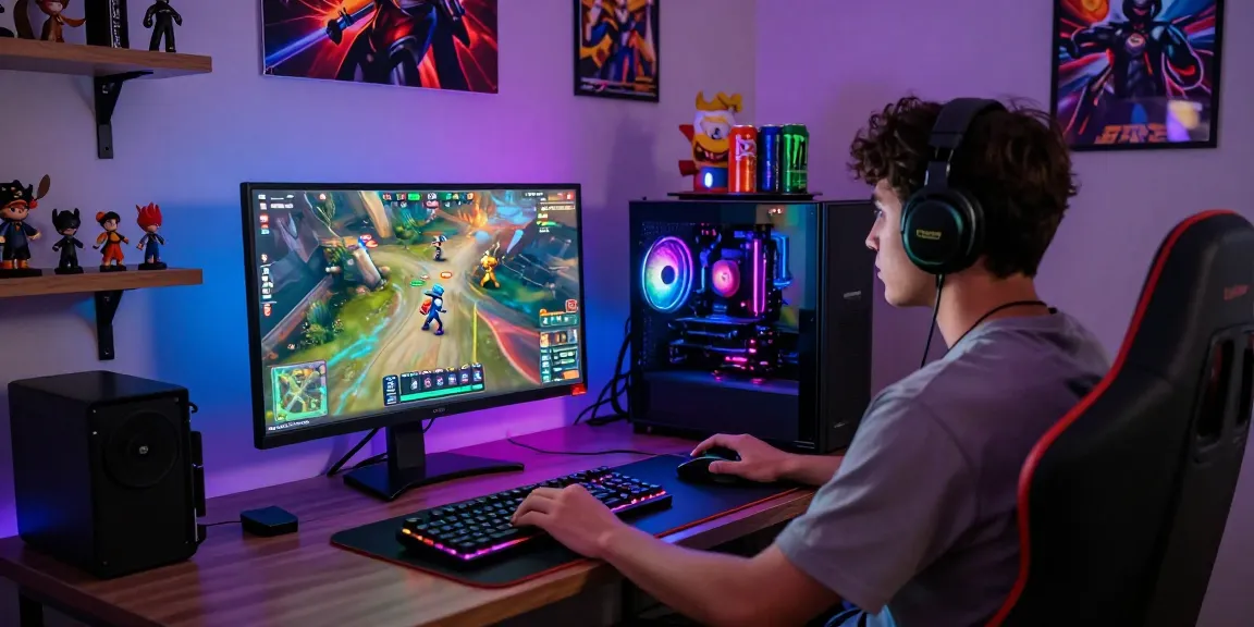 Gamer immersed in go8 multiplayer session with RGB lighting and gaming setup