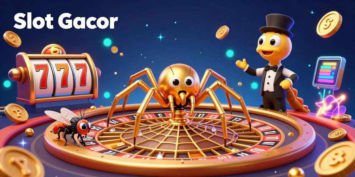 Experience the thrill of Slot Gacor with a vibrant illustration showcasing a golden spider, croupier centipede, and slot reels.