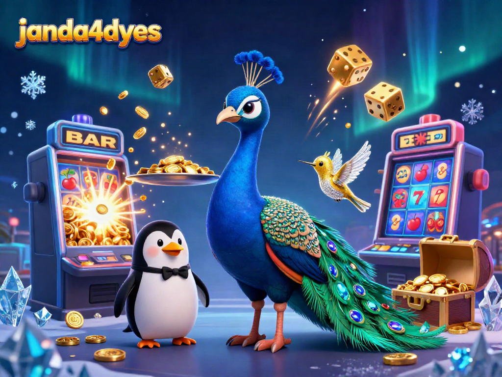 Menangkan jackpot di janda4dyes dengan ilustrasi kasino 3D yang menampilkan karakter ceria dan mesin slot berkilau.