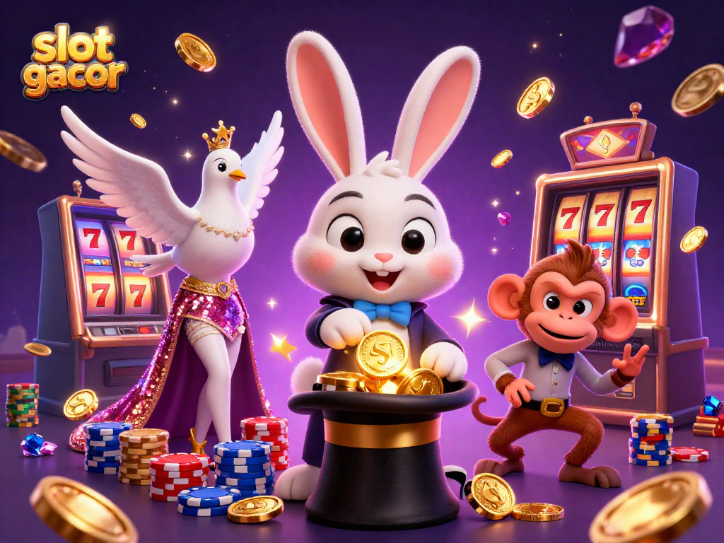 Experience the excitement of slot gacor with a magician rabbit, sparkling coins, and playful casino elements.