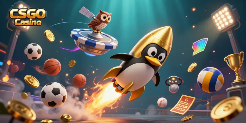 Engage in thrilling action at CSGO Casino, with the golden penguin racing toward a vibrant casino space station.