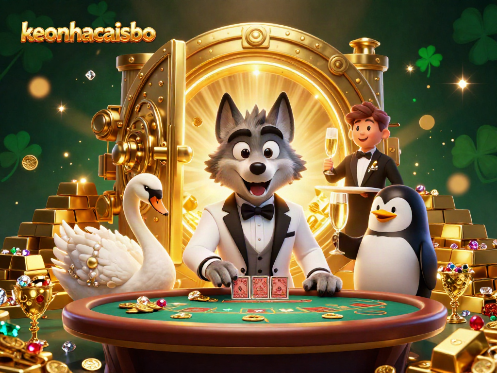 Engage with the keonhacaisbo experience at the baccarat table with a wolf, swan, and penguin.