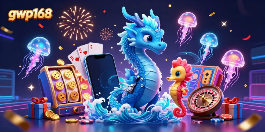 GWP168 permainan slot meriah dengan naga biru dan kuda laut berani tengah bermain uang.