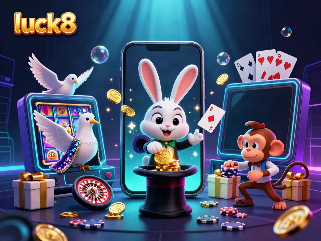 Experience the excitement of Luck8 with a cartoon magician and playful characters in a vibrant casino scene.